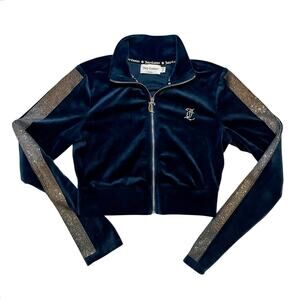 Y2K Juicy Couture Gold/Silver Rhinestone Regal Velour Zip Jacket Navy Blue X-S